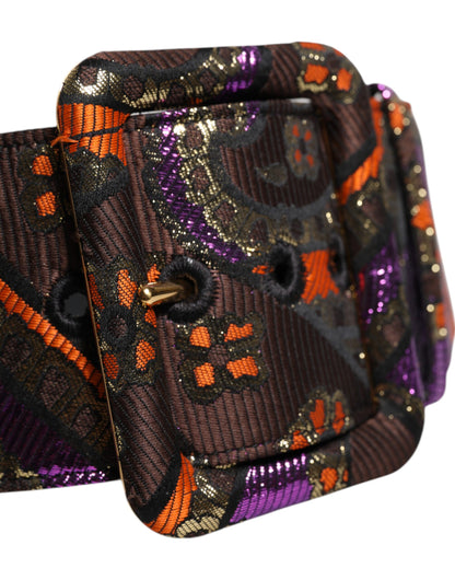 Dolce & Gabbana Multicolor Floral Jacquard Lurex Brede Taille Gesp Riem
