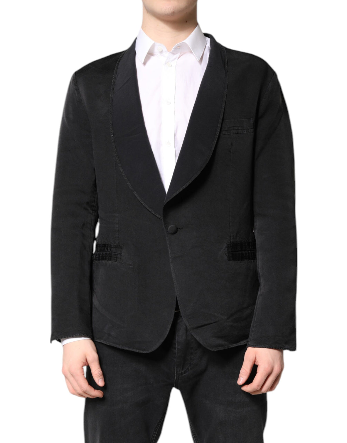 Dolce &amp; Gabbana, costume-blazer noir en soie, à simple boutonnage.