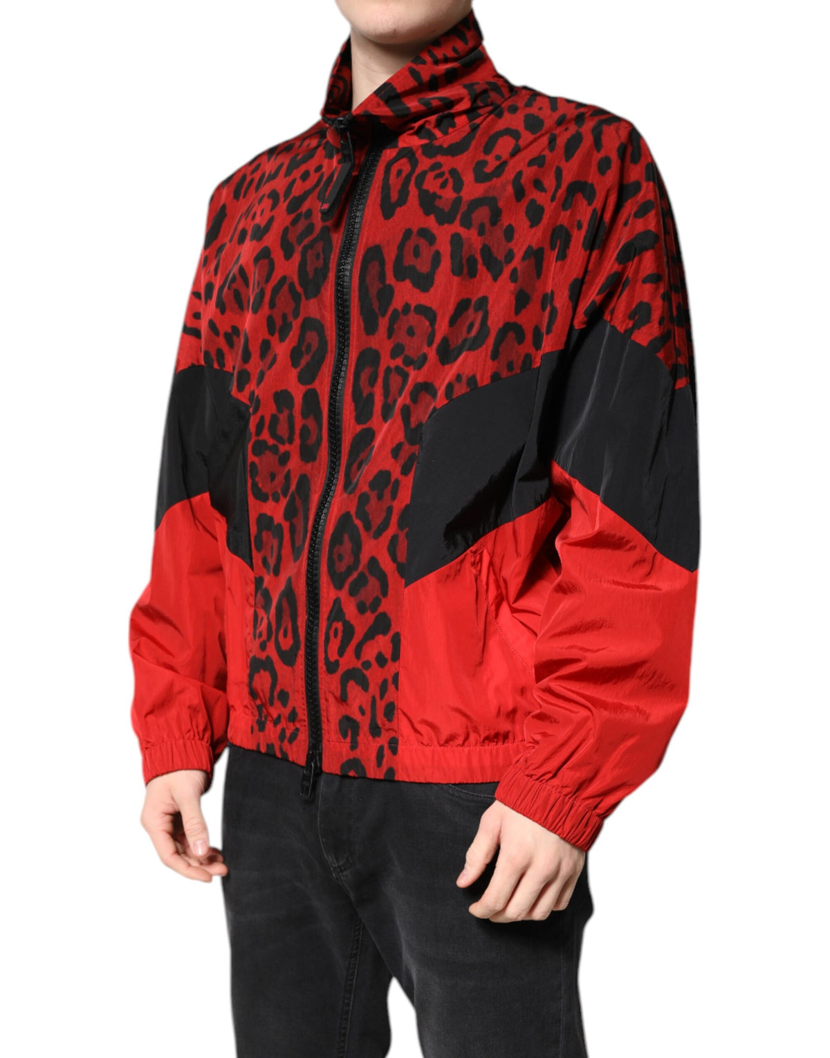Veste bomber à fermeture éclair en nylon léopard rouge de Dolce & Gabbana