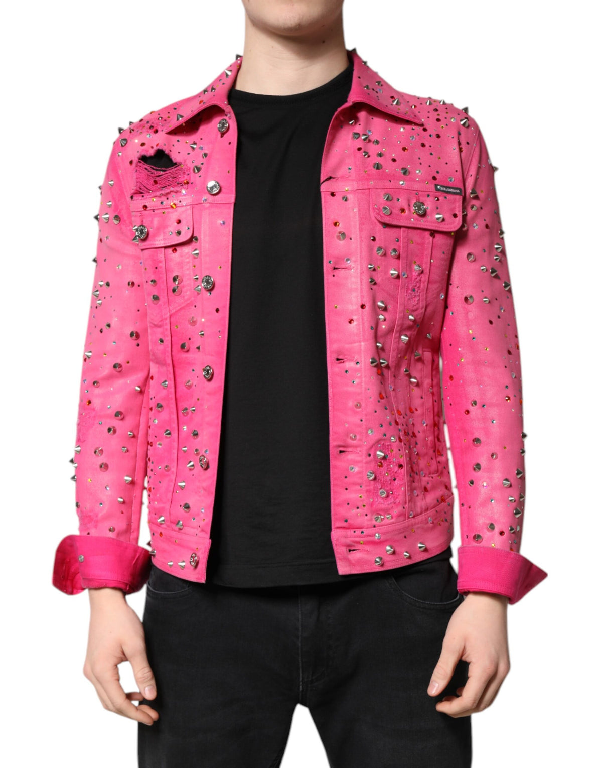 Veste en jean en coton rose, ornements de cristaux, Dolce & Gabbana