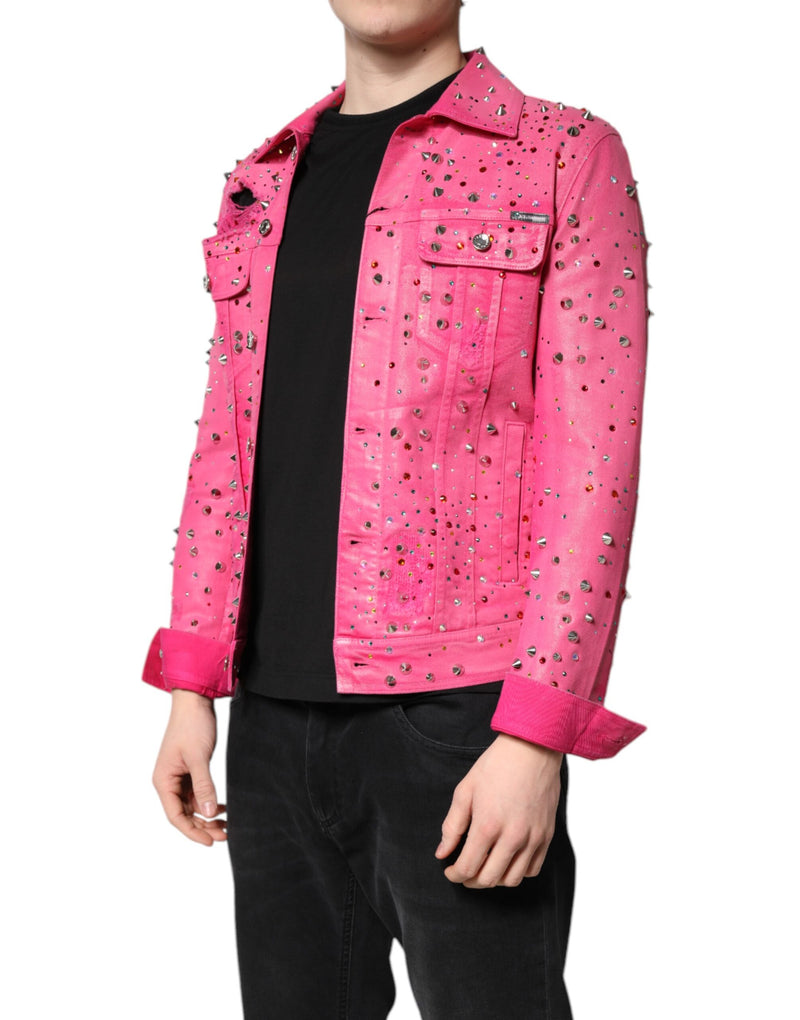 Veste en jean en coton rose, ornements de cristaux, Dolce & Gabbana