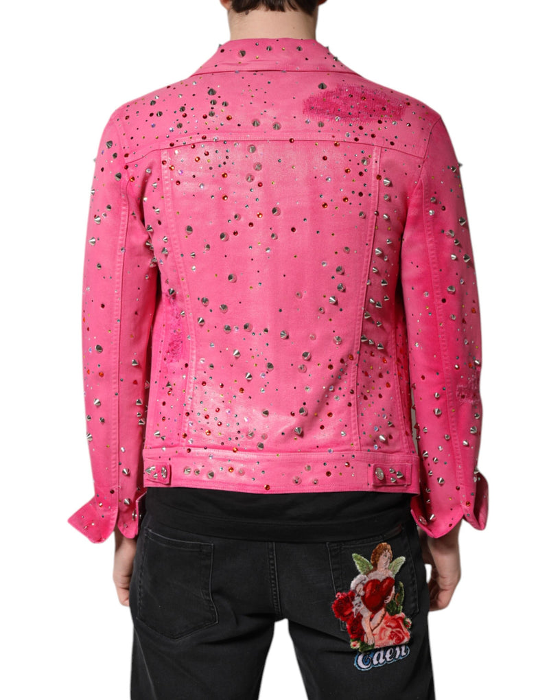 Veste en jean en coton rose, ornements de cristaux, Dolce & Gabbana
