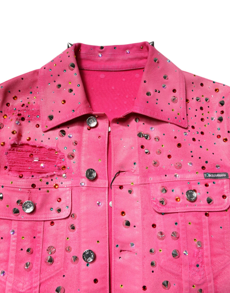 Veste en jean en coton rose, ornements de cristaux, Dolce & Gabbana