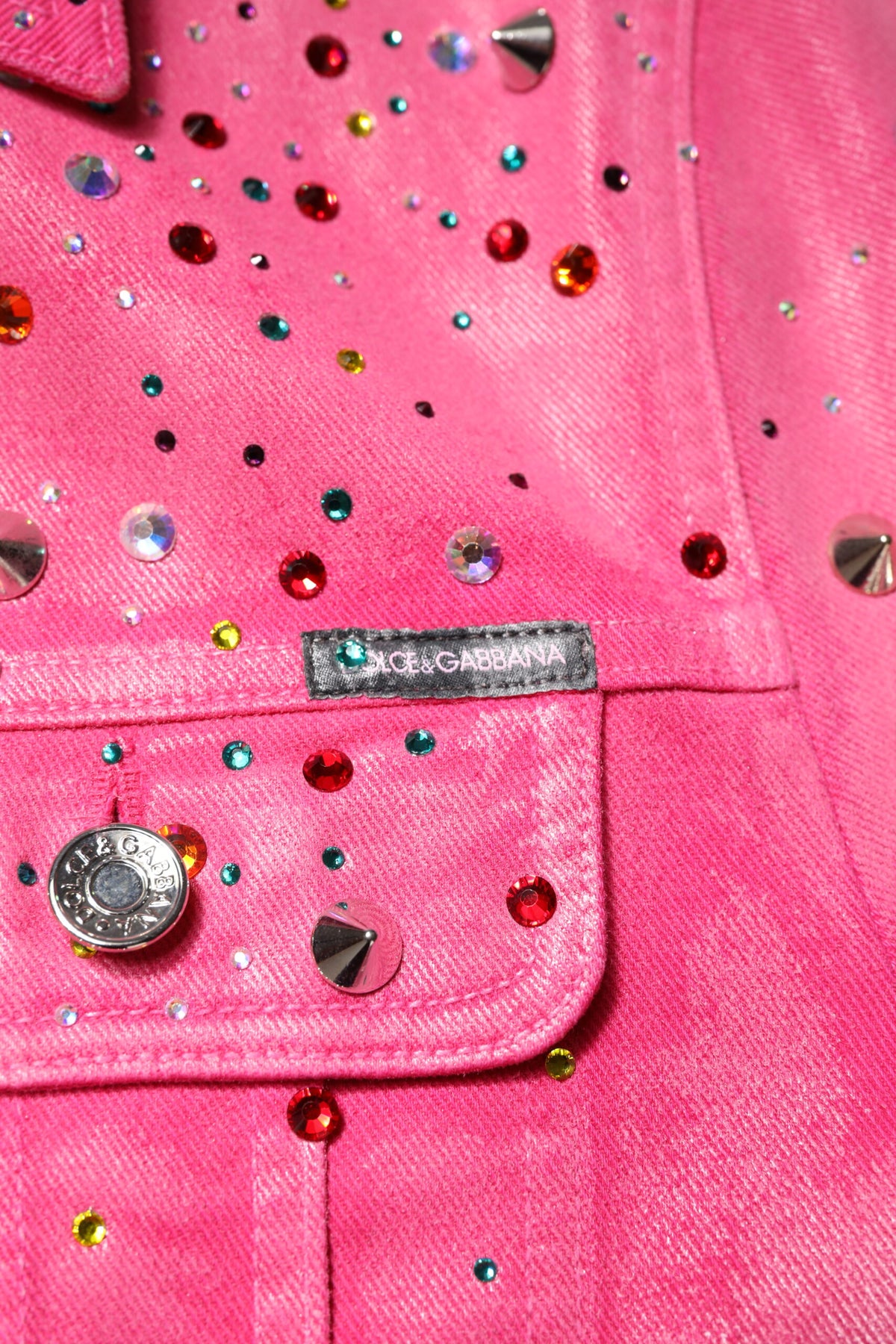 Veste en jean en coton rose, ornements de cristaux, Dolce & Gabbana
