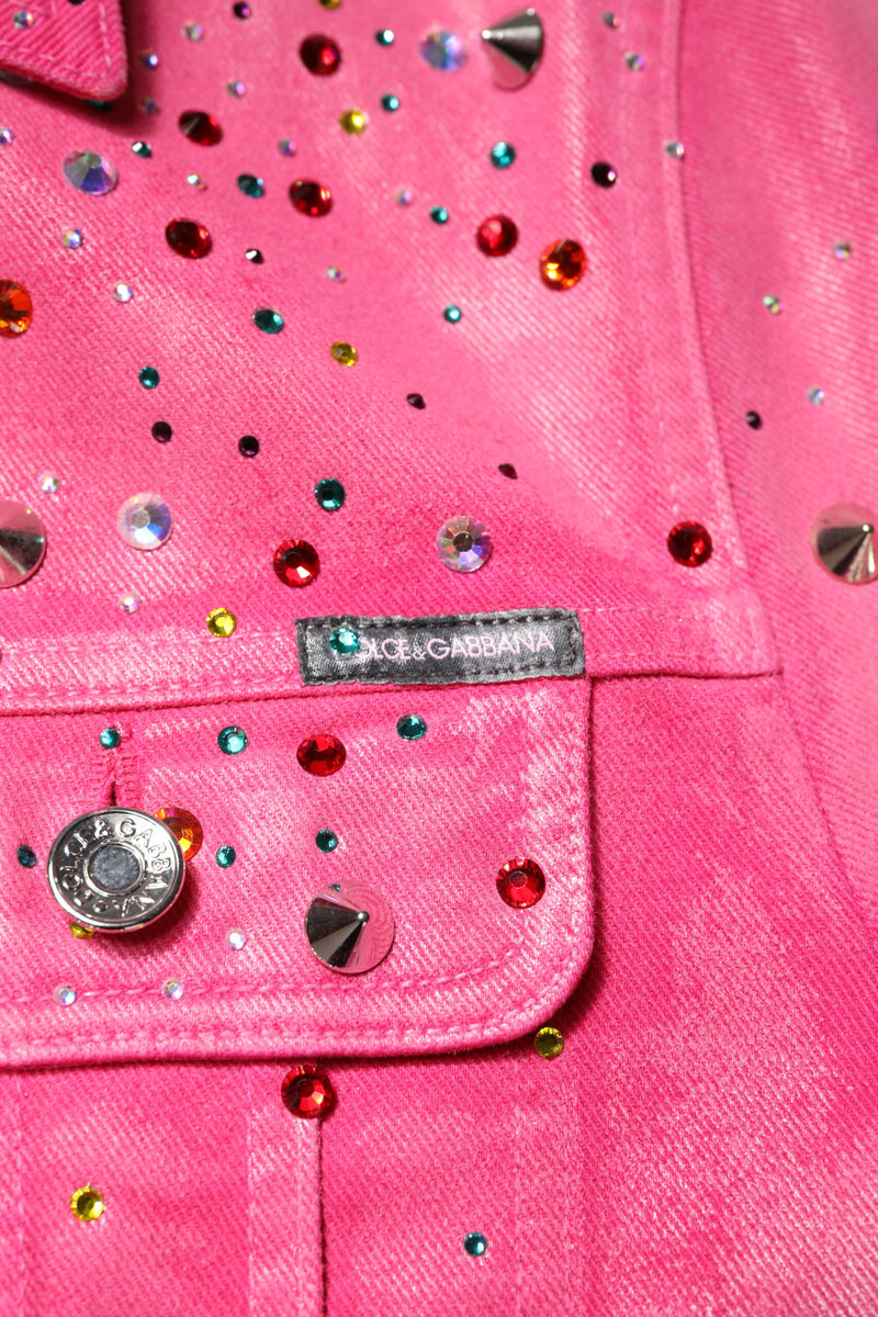 Veste en jean en coton rose, ornements de cristaux, Dolce & Gabbana