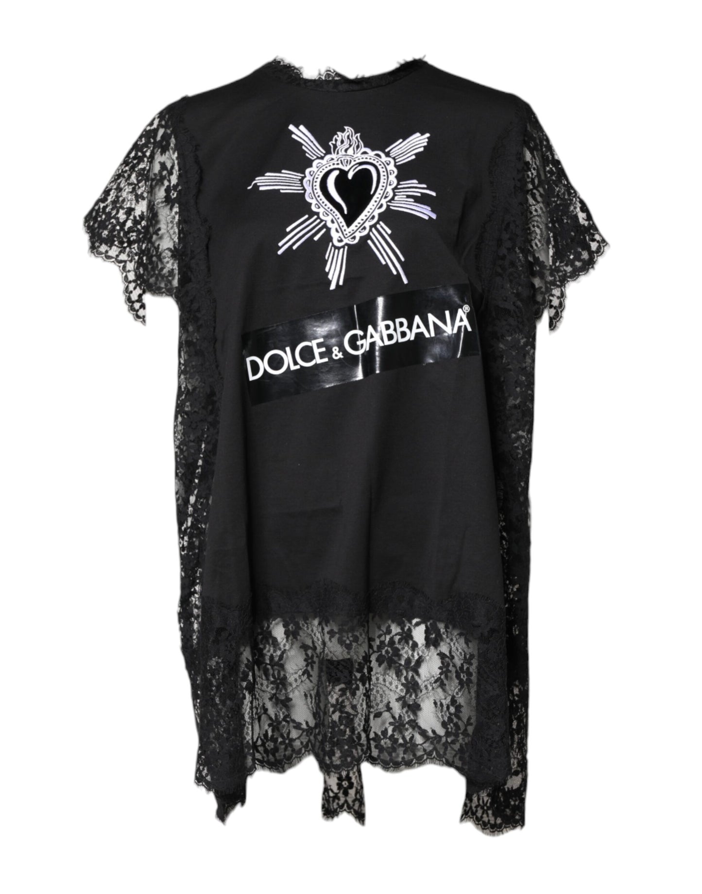 Dolce & Gabbana zwart kantengebreide, doorschijnende top met ronde hals en het heilige hart als motief.