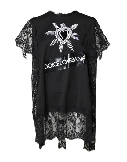 Dolce & Gabbana zwart kantengebreide, doorschijnende top met ronde hals en het heilige hart als motief.