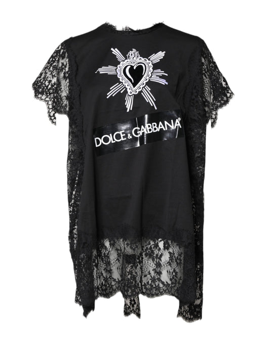 Dolce & Gabbana zwart kantengebreide, doorschijnende top met ronde hals en het heilige hart als motief.