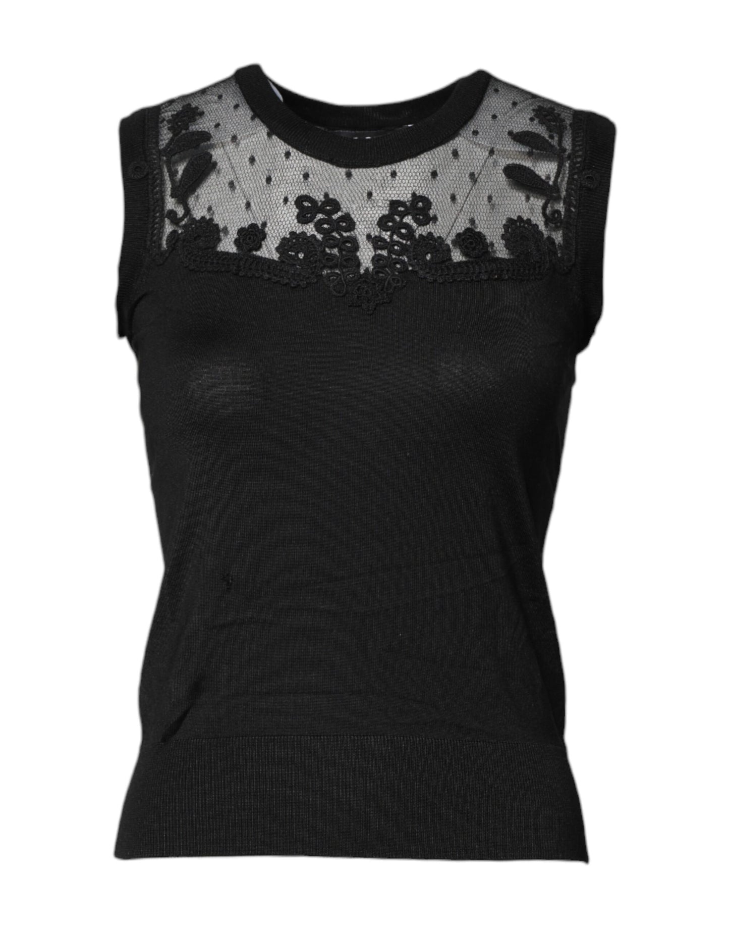 Top noir en dentelle transparente, col rond et sans manches de Dolce & Gabbana