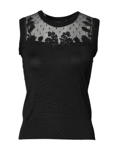 Top noir en dentelle transparente, col rond et sans manches de Dolce & Gabbana