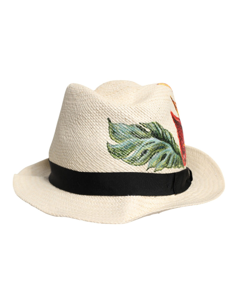 Chapeau Fedora à large bord en paille à imprimé floral beige Dolce & Gabbana
