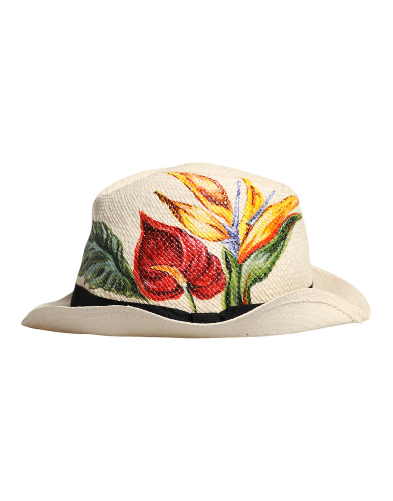 Chapeau Fedora à large bord en paille à imprimé floral beige Dolce & Gabbana