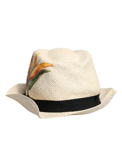 Chapeau Fedora à large bord en paille à imprimé floral beige Dolce & Gabbana