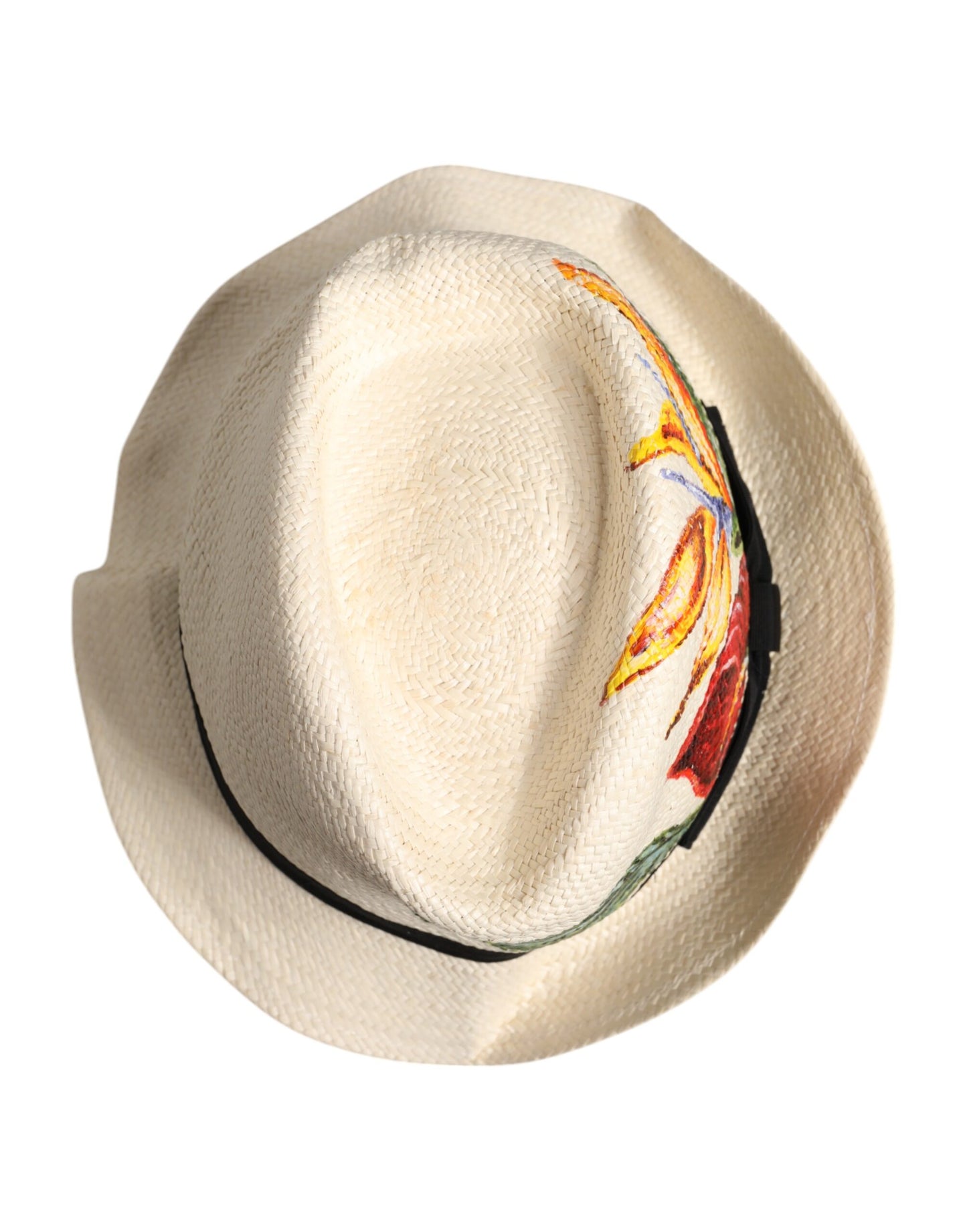 Chapeau Fedora à large bord en paille à imprimé floral beige Dolce & Gabbana