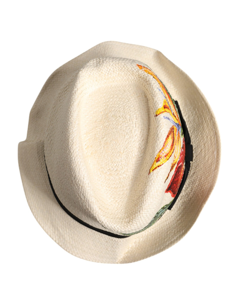 Chapeau Fedora à large bord en paille à imprimé floral beige Dolce & Gabbana