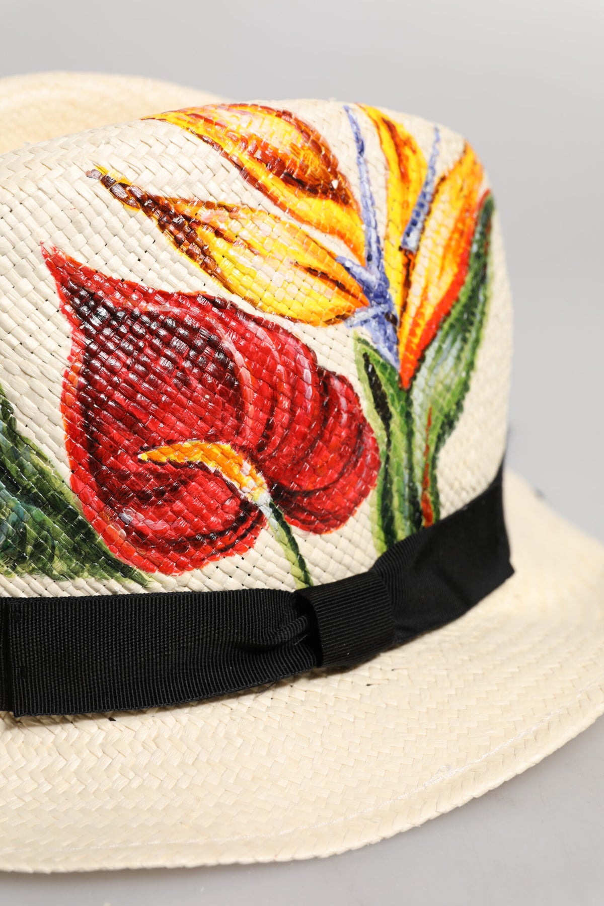 Chapeau Fedora à large bord en paille à imprimé floral beige Dolce & Gabbana