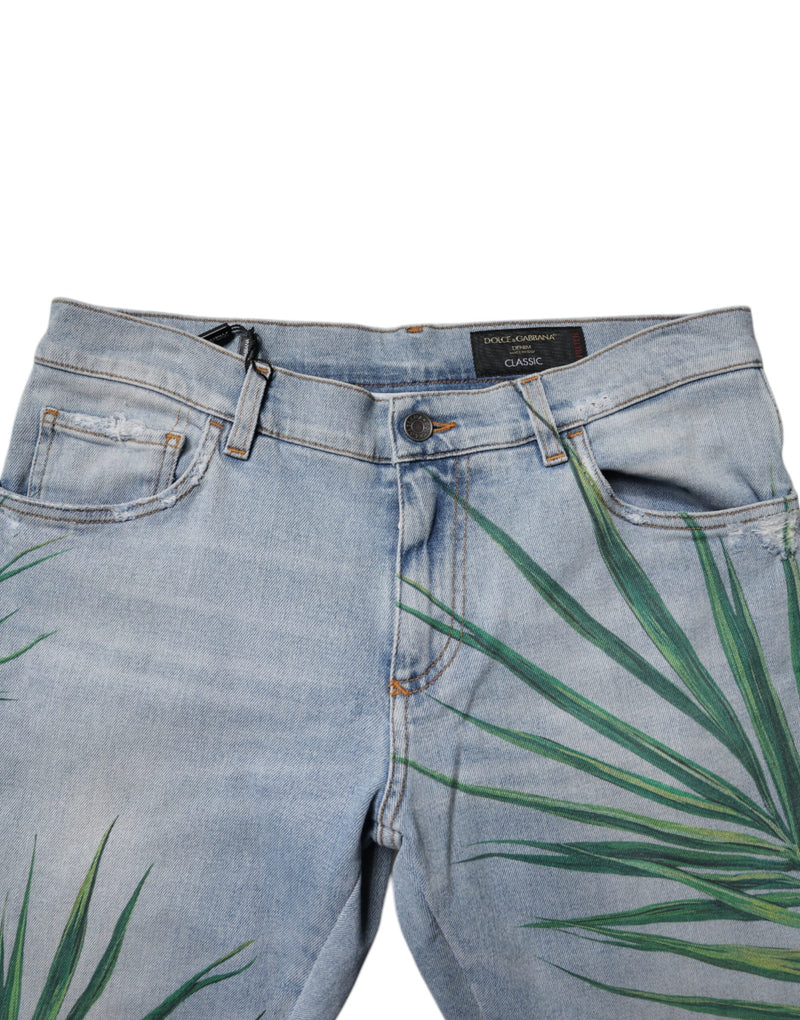 Jeans en coton classique pour homme, bleu clair à motifs feuilles, Dolce &amp; Gabbana