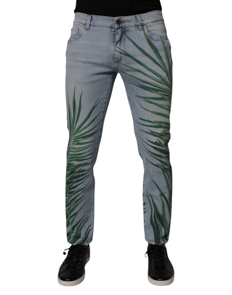 Jeans en coton classique pour homme, bleu clair à motifs feuilles, Dolce &amp; Gabbana