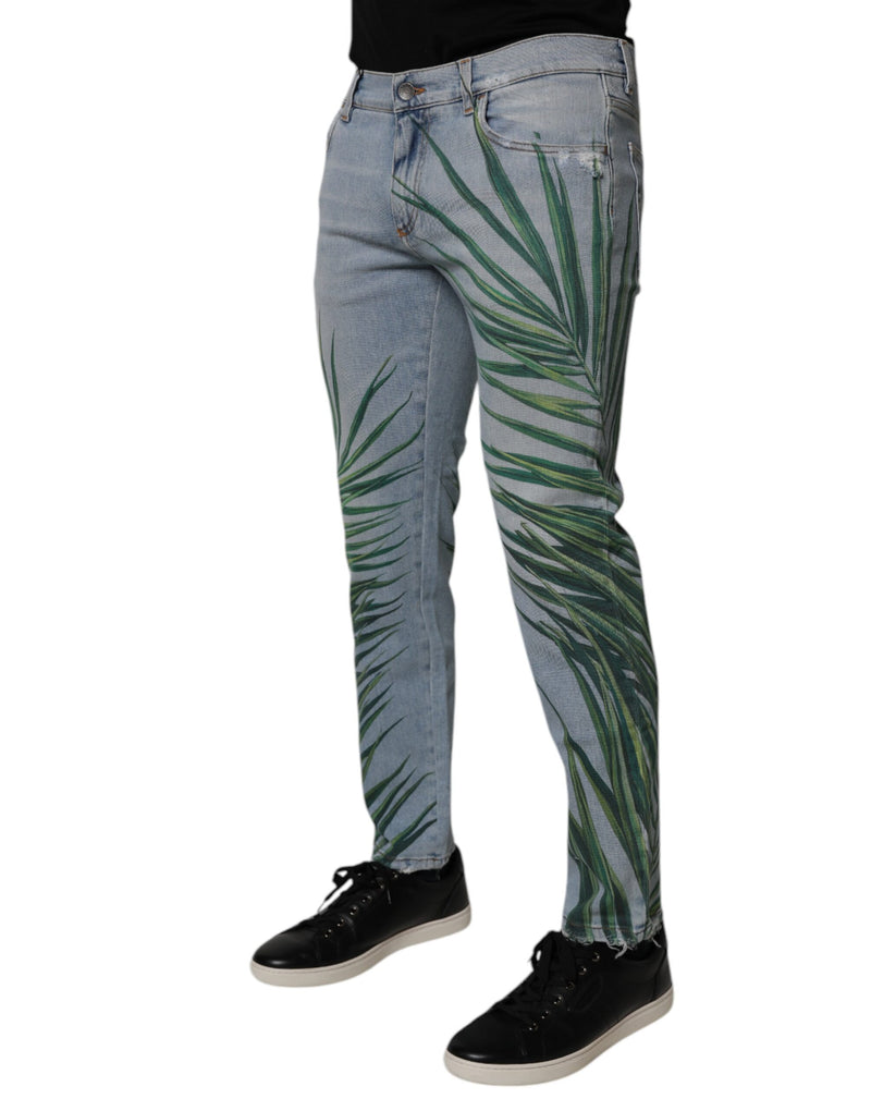 Jeans en coton classique pour homme, bleu clair à motifs feuilles, Dolce &amp; Gabbana