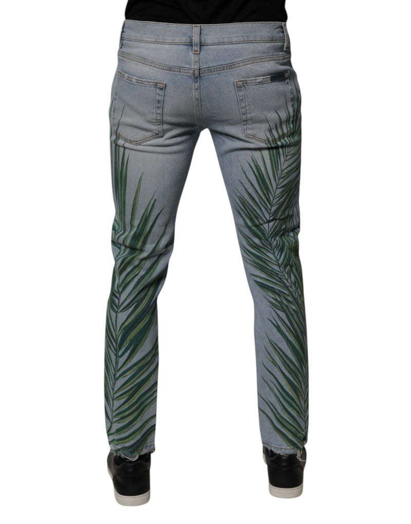 Jeans en coton classique pour homme, bleu clair à motifs feuilles, Dolce &amp; Gabbana