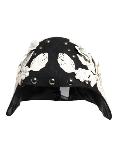 Dolce & Gabbana zwarte wollen witte bloemen gouden blad cloche hoed