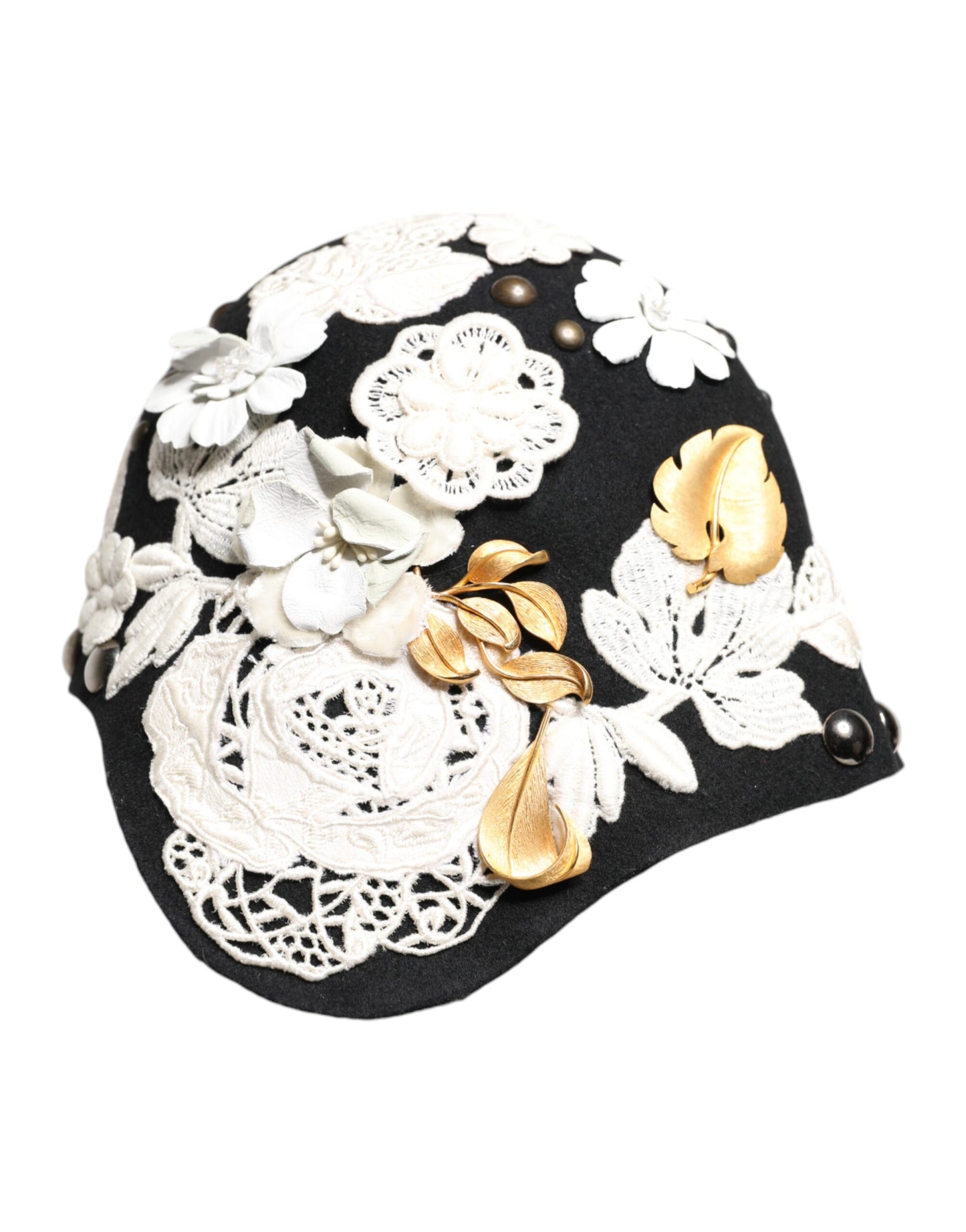 Dolce & Gabbana zwarte wollen witte bloemen gouden blad cloche hoed
