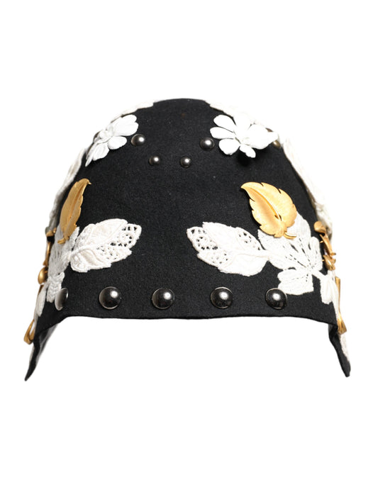 Dolce & Gabbana zwarte wollen witte bloemen gouden blad cloche hoed