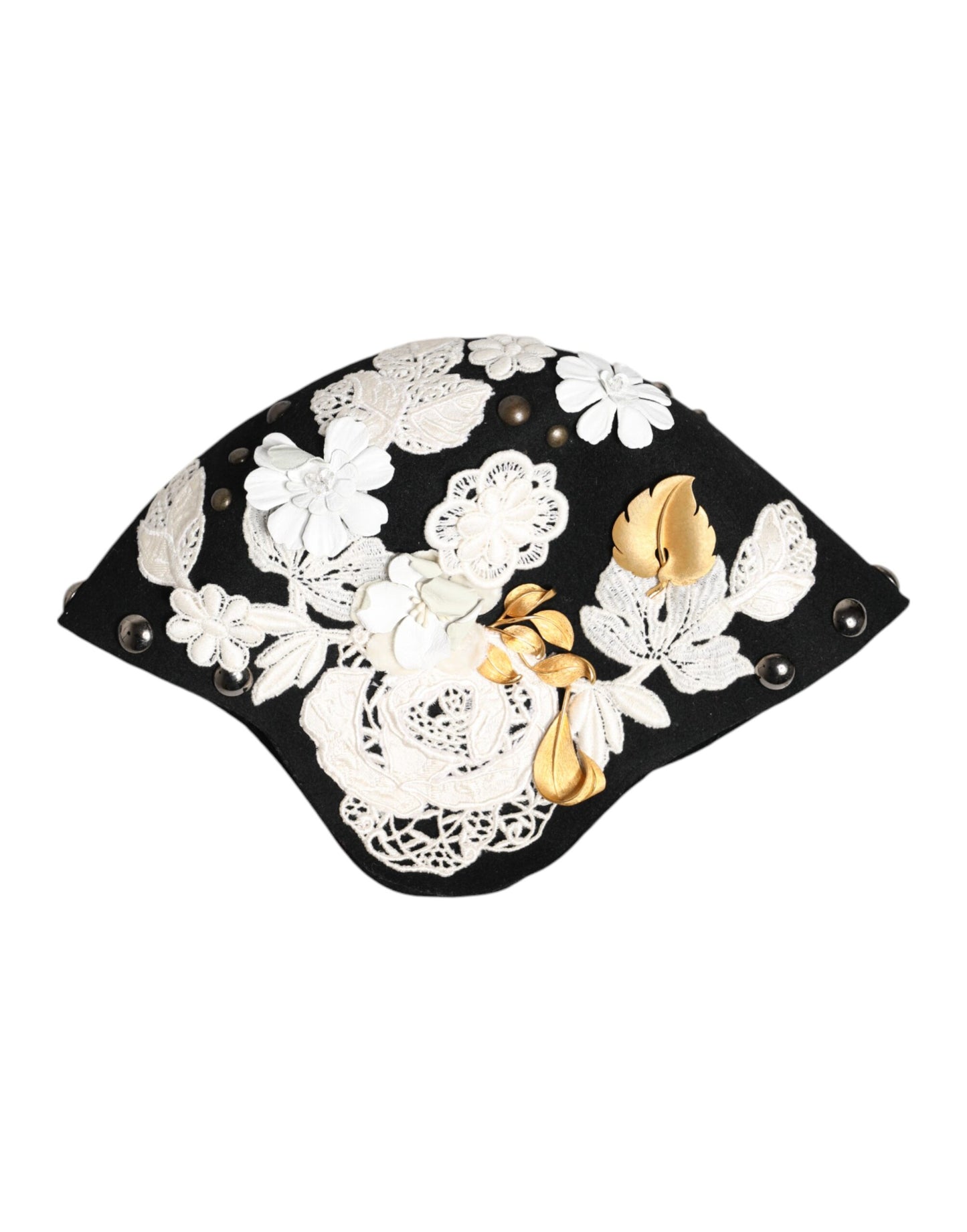 Dolce & Gabbana zwarte wollen witte bloemen gouden blad cloche hoed