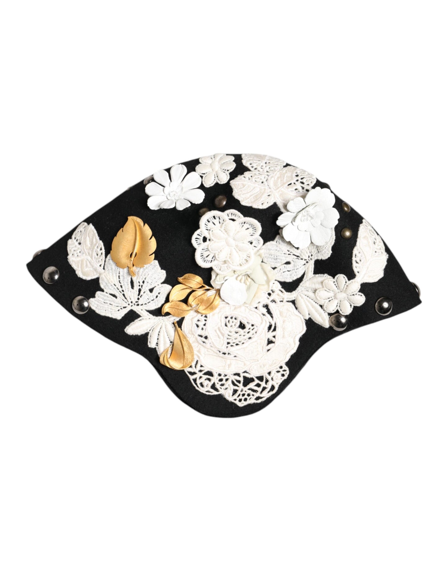 Dolce & Gabbana zwarte wollen witte bloemen gouden blad cloche hoed