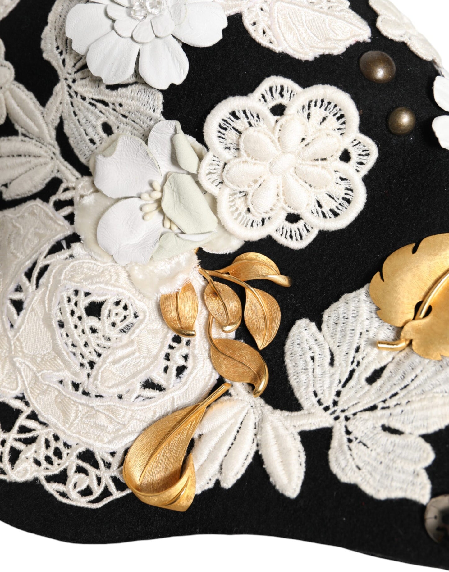 Dolce & Gabbana zwarte wollen witte bloemen gouden blad cloche hoed