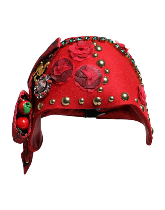 Dolce & Gabbana Rode Kristallen Gouden Rozen Broche Versierde Hoed