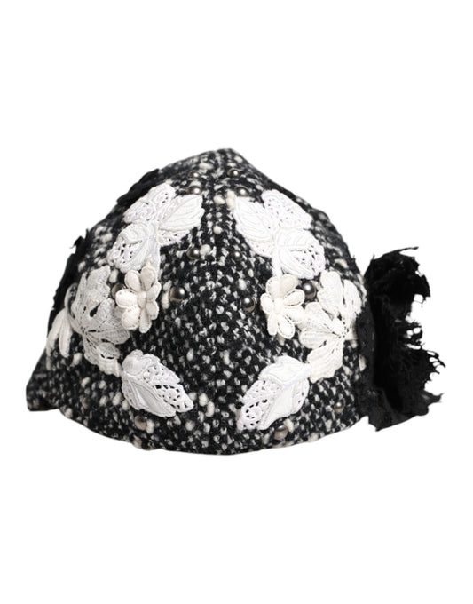 Dolce & Gabbana zwarte wollen witte bloemen versierde cloche hoed