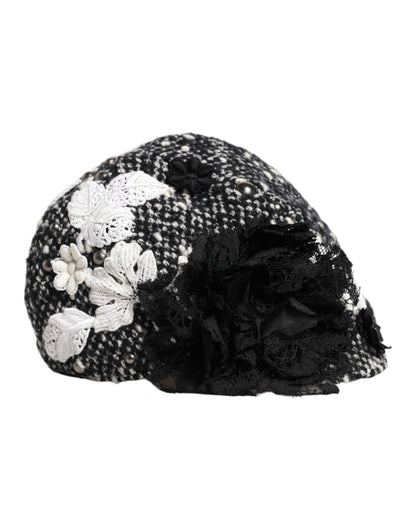 Dolce & Gabbana zwarte wollen witte bloemen versierde cloche hoed