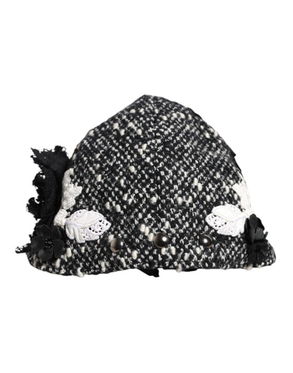 Dolce & Gabbana zwarte wollen witte bloemen versierde cloche hoed