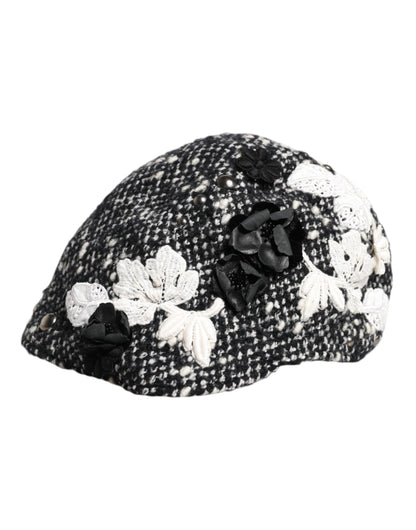 Dolce & Gabbana zwarte wollen witte bloemen versierde cloche hoed