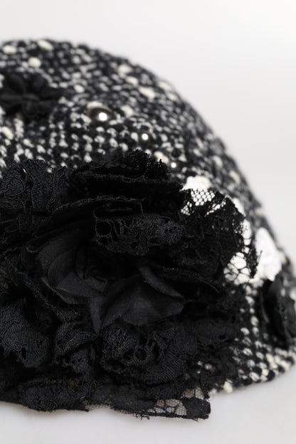 Dolce & Gabbana zwarte wollen witte bloemen versierde cloche hoed