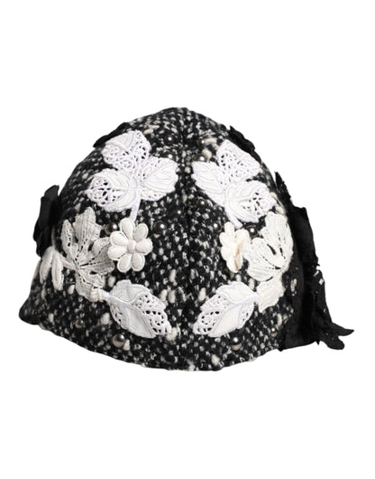 Dolce & Gabbana zwarte wollen witte bloemen versierde cloche hoed