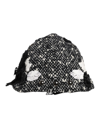 Dolce & Gabbana zwarte wollen witte bloemen versierde cloche hoed