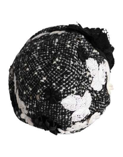 Dolce & Gabbana zwarte wollen witte bloemen versierde cloche hoed