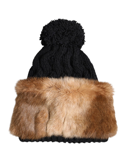 Bonnet d'hiver en fourrure de lapin véritable teintée noir et marron Dolce & Gabbana