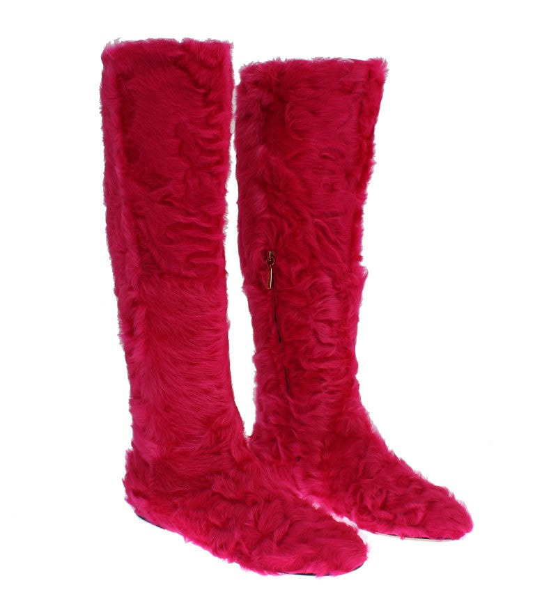 Bottines plates en cuir et fourrure d'agneau rose de Dolce & Gabbana