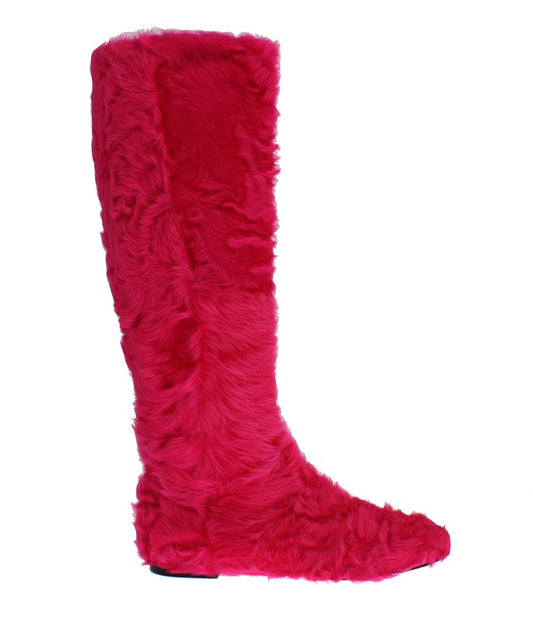 Bottines plates en cuir et fourrure d'agneau rose de Dolce & Gabbana