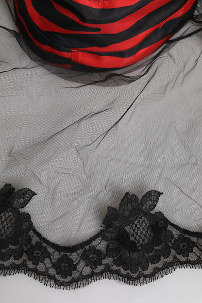 Chapeau bob en tulle et dentelle à rayures noires et rouges Dolce & Gabbana