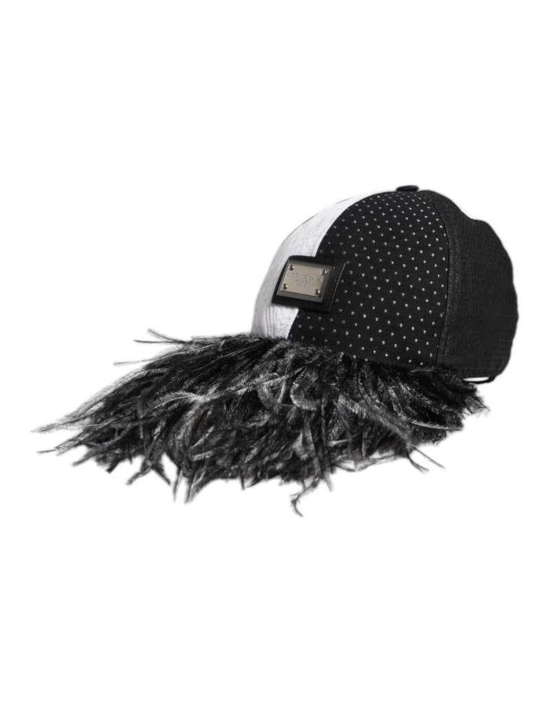 Dolce & Gabbana Casquette Baseball à Pois Blanc et Noir avec Plumes