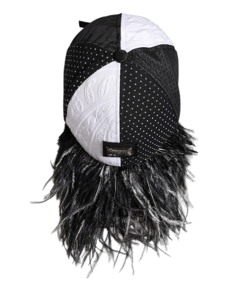 Dolce & Gabbana Casquette Baseball à Pois Blanc et Noir avec Plumes