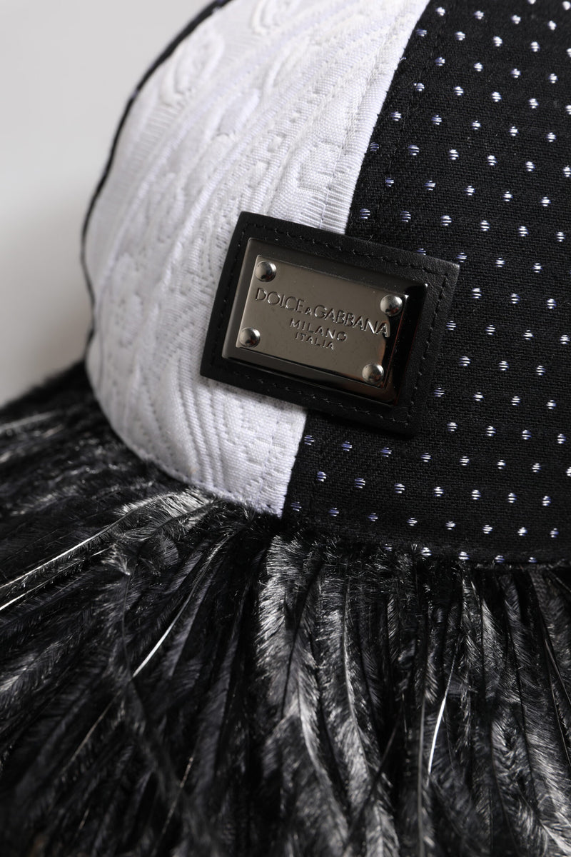 Dolce & Gabbana Casquette Baseball à Pois Blanc et Noir avec Plumes
