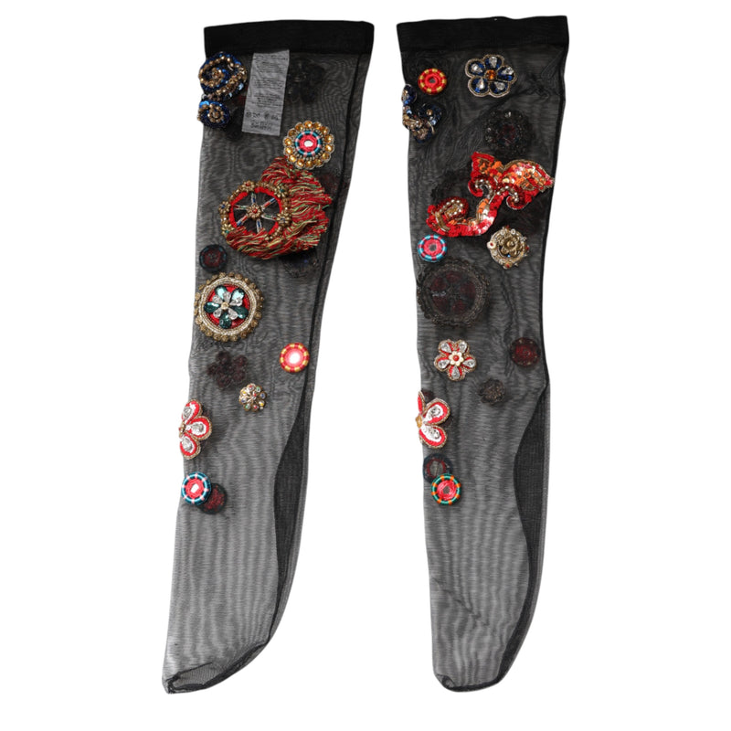Dolce & Gabbana Black Stretch Carretto Crystal Stockings Socks