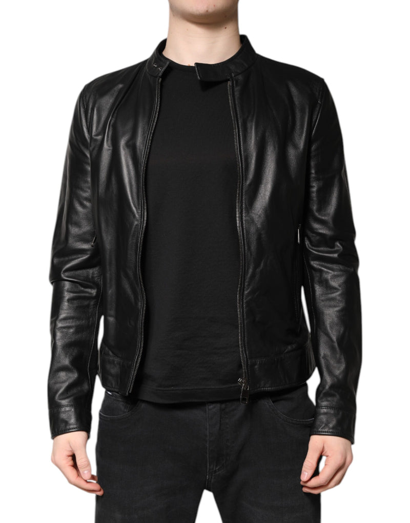 Veste motard en cuir d'agneau noir à fermeture éclair intégrale de Dolce & Gabbana