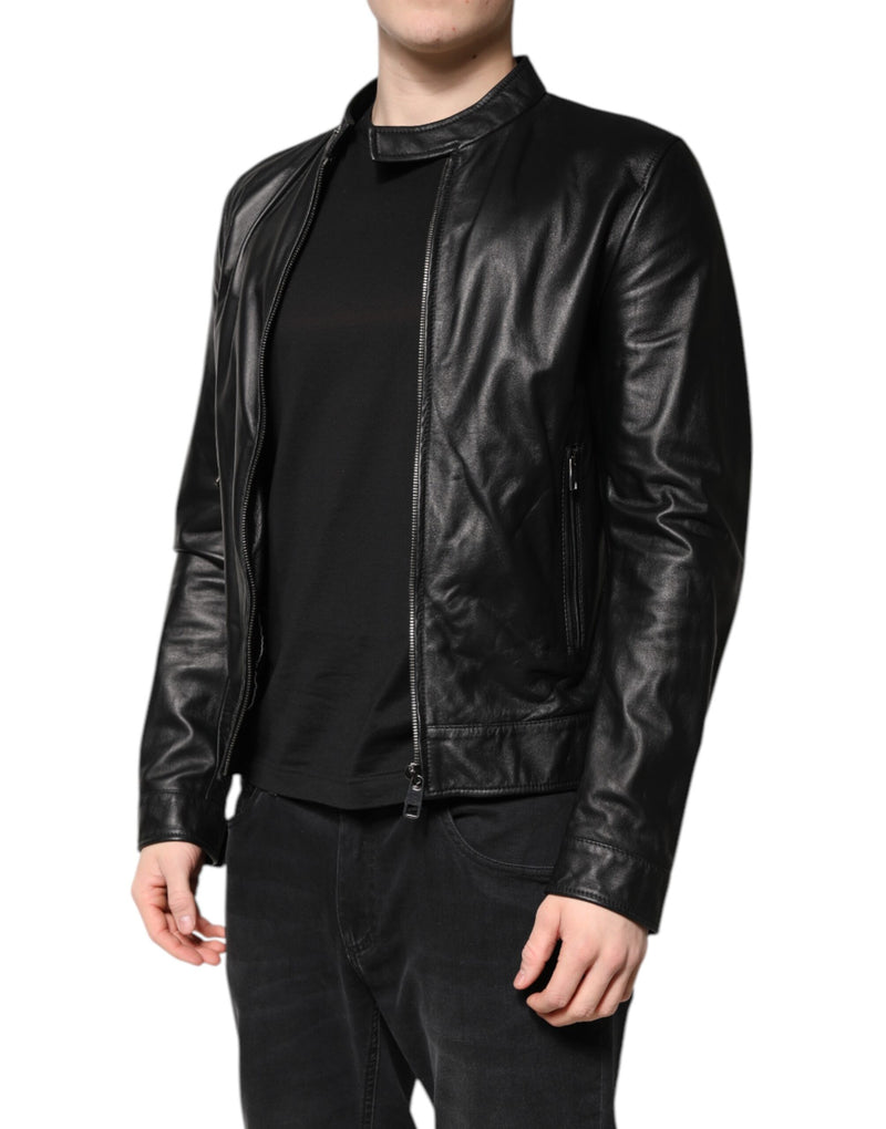 Veste motard en cuir d'agneau noir à fermeture éclair intégrale de Dolce & Gabbana
