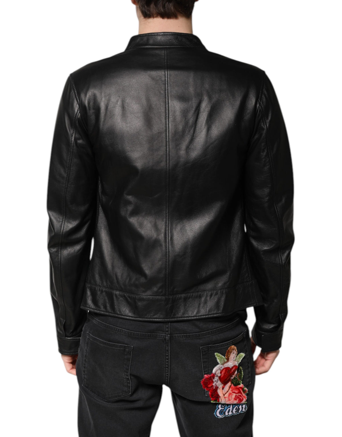 Veste motard en cuir d'agneau noir à fermeture éclair intégrale de Dolce & Gabbana
